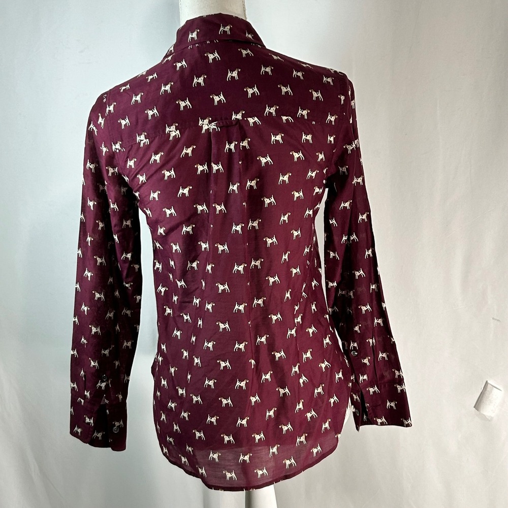 J. Crew Burgundy Dog Print Button Up Shirt Top Women OP Long‎ Sleeve - Picture 5 of 8